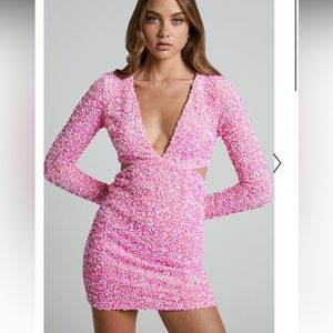 GABRIELLA MINI DRESS - PLUNGE LONG SLEEVE CUT OUT SEQUIN DRESS IN PINK SEQUIN